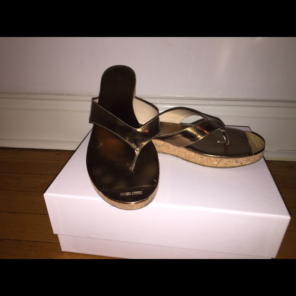 Jimmy Choo Metallic Gold Cork Wedge Thong Sandals